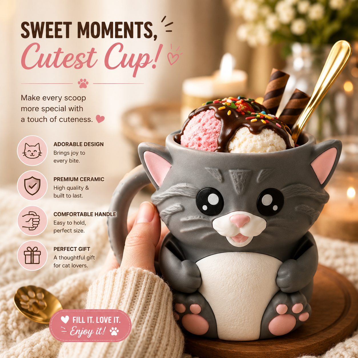 Cat Ice Cream Cup Holder & Container